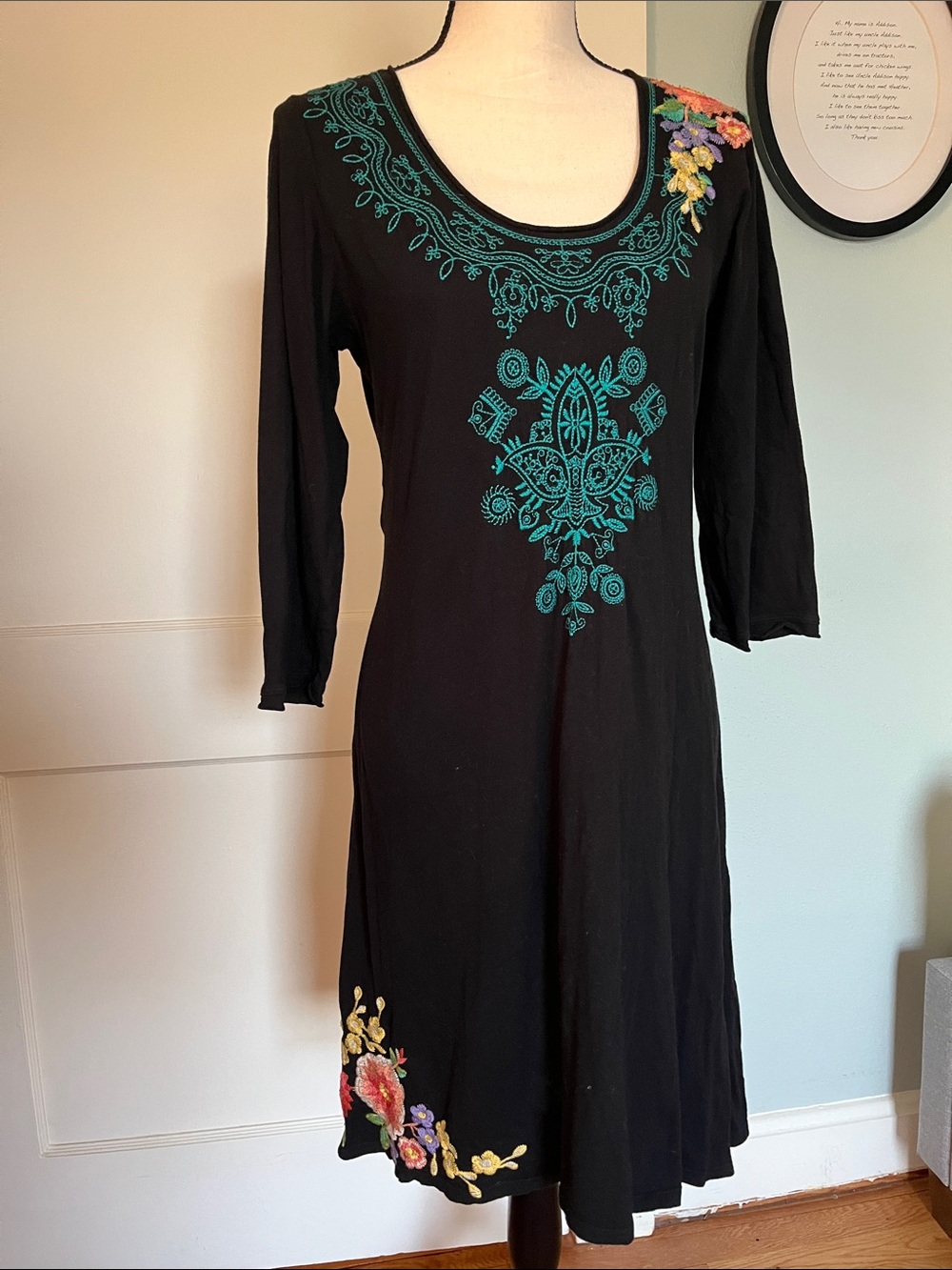 Johnny Was Black Embroidered Floral Scoop-Neck Dress